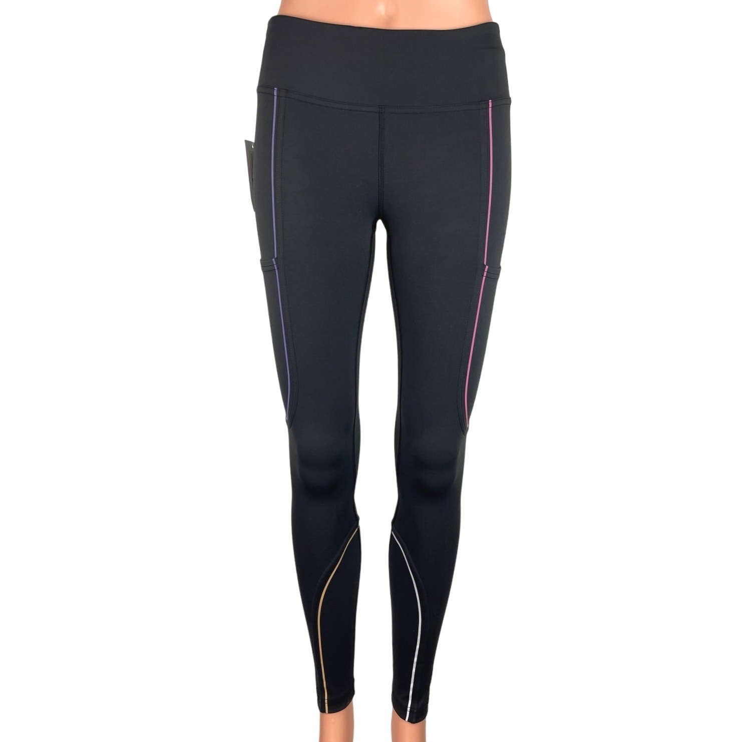 Outdoor Voices Nwt Black Mid Rise Reflective Stripes Pocket Leggings Size Xs
